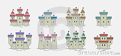 Colorful castles and fortresses icons set Stock Photo