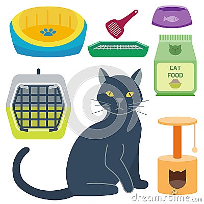 Colorful cat accessory cute vector animal icons pet equipment food domestic feline illustration. Vector Illustration