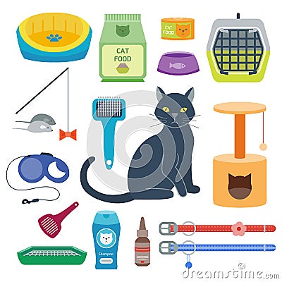 Colorful cat accessory cute vector animal icons pet equipment food domestic feline illustration. Vector Illustration