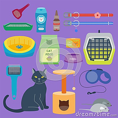 Colorful cat accessory cute vector animal icons pet equipment food domestic feline illustration. Vector Illustration