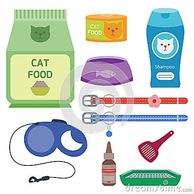 Colorful cat accessory cute vector animal icons pet equipment food domestic feline illustration. Vector Illustration