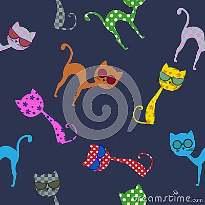 Colorful cat with glasses. Seamless pattern Stock Photo