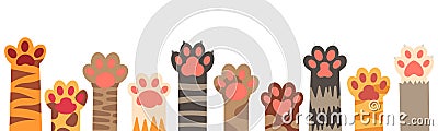 Colorful cat paws set. Cute feline claws with stripes and dots isolated on white background. Domestic animal Vector Illustration