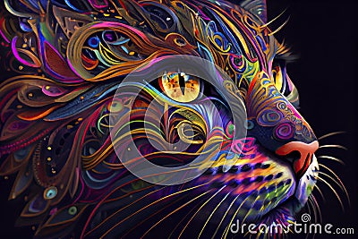 colorful cat pop art portrai, a colorful fish with black background Stock Photo