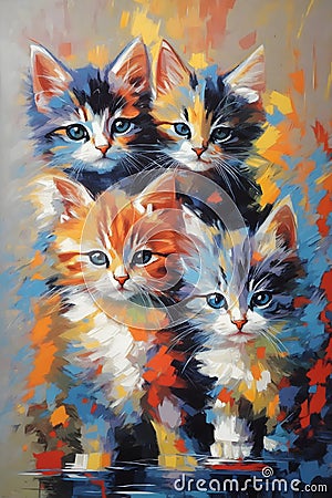 Colorful cats painting on canvas, cute kittens in bright colors Stock Photo