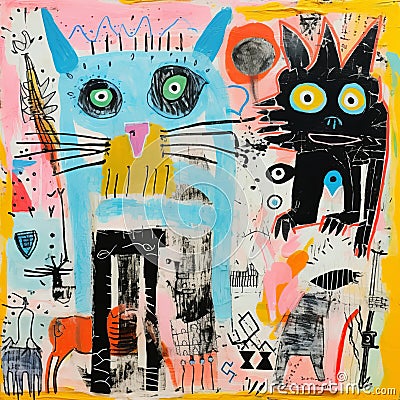 Colorful Cats: A Playful Expression Of Abstract Expressionism Cartoon Illustration