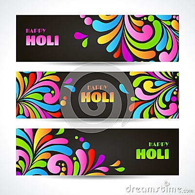 Colorful celebration ornate splash Holi banners header Vector Illustration