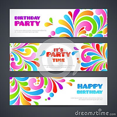 Colorful celebration ornate splash Party banners header. Happy birthday greeting cards Ornamental template set design. Vector Illustration