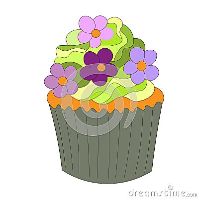 colorful celebratory sponge cake with cream and purple flowers is decorated with decor. Vector Vector Illustration