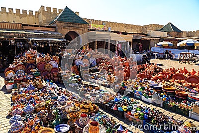 Colorful ceramic souvenirs in a shop in Morocco Meknes Editorial Stock Photo