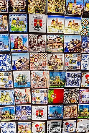 View of Colorful Ceramic Tiles Magnets Souvenirs. Sintra, Portugal Editorial Stock Photo