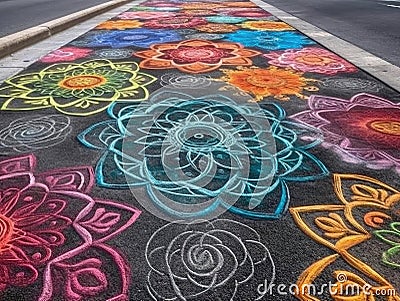 Colorful chalk art mandala on sidewalk Stock Photo
