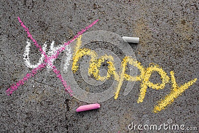 chalk drawing: Changing word UNHAPPY to HAPPY Stock Photo