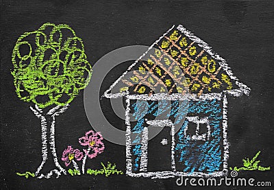 Colorful chalk illustration of home by kid Cartoon Illustration
