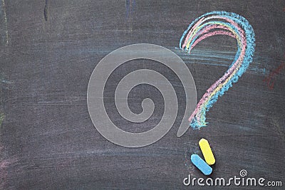 Colorful chalk question mark on blackboard background Stock Photo