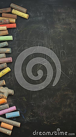 Colorful chalks arranged on blackboard, ideal for educational settings Stock Photo