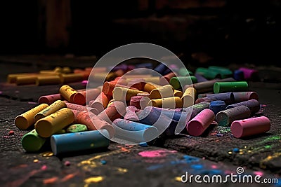 Colorful Chalks On Black Background. Generative AI Stock Photo