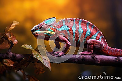 Colorful chameleon on the branch. Chamaeleo calyptratus, A colorful chameleon perched on a branch against a blurred nature Stock Photo