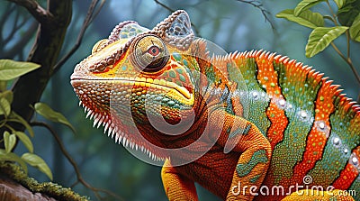 Colorful chameleon in the jungle, Close-up portrait Cartoon Illustration