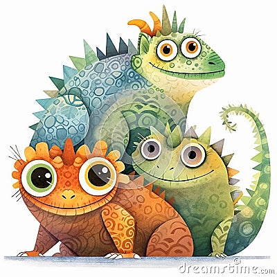 Colorful chameleons on a white background. Cartoon illustration in watercolor style. Generative AI Cartoon Illustration