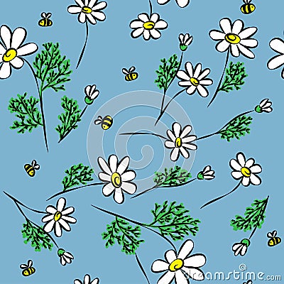 Colorful chamomiles with bees, floral vector seamless pattern Vector Illustration