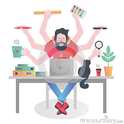 Colorful flat modern gradient character of man with many hands holding different things and managing time while working Vector Illustration