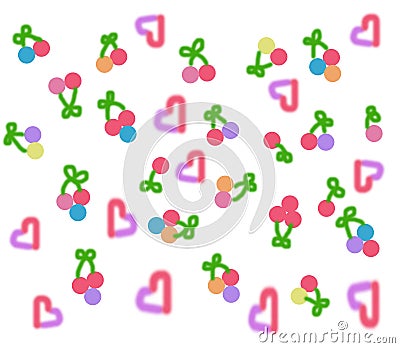 Colorful cherries, green bows and hearts design Stock Photo