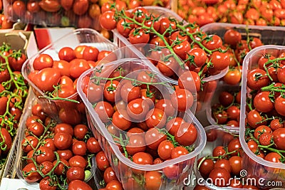 Colorful cherry tomatoes in local market fruit stand Stock Photo