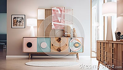 Colorful chest of drawers in modern living room. Created with generative AI Stock Photo