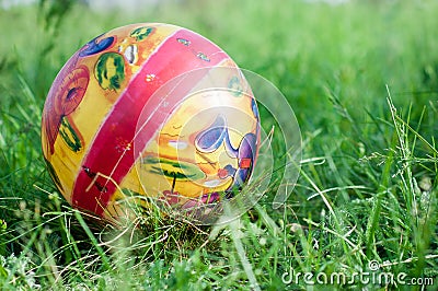 Colorful child ball on green grass Stock Photo