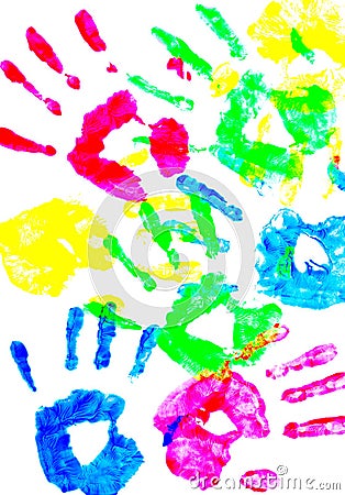 Colorful child hand prints Stock Photo