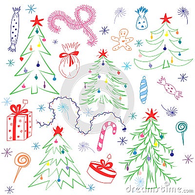 Colorful Children Drawings of Fir trees. Funny Doodle Hand Drawn Winter Holyday`s Symbols. Perfect for Festive Design Vector Illustration