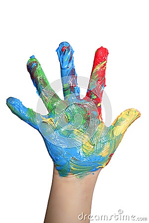 Colorful children hand painted over white Stock Photo