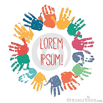 Colorful children handprints in the form of a circle. Kids palm prints around of the title. Solidarity or friendship Vector Illustration