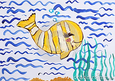 Colorful children painting of beautiful fish Stock Photo