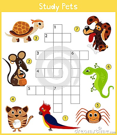 A colorful children's cartoon crossword, education game for children on the topic of learning different types of Pets including ca Cartoon Illustration