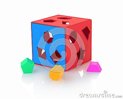 Colorful children`s toy shape sorter isolated on white background with shadow reflection. The cubed shape sorter. Stock Photo