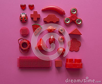 Colorful children`s toys on a bright background. Stock Photo