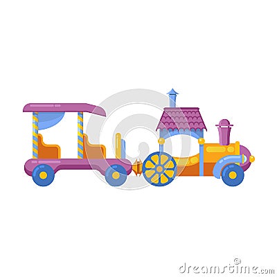 Colorful children`s toys. Funny multicolored locomotive, train, transportation of kids. Vector Illustration