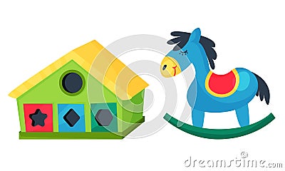 Colorful Children Toys with Horse and House Shape Sorter Vector Set Vector Illustration