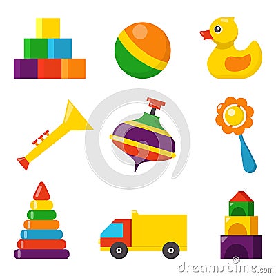 Colorful children toys, set of icons in flat style. Cubes, whirligig, duck, ball rattle, truck, pyramid, pipe. Toys for Stock Photo