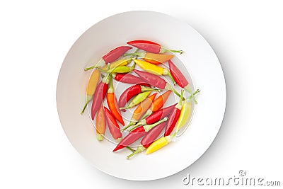 Colorful chili peppers plate isolated Stock Photo