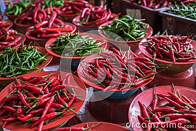 Colorful chilli peppers stall, asian market Stock Photo
