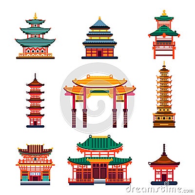 Colorful Chinese buildings, vector flat isolated illustration. China town traditional pagoda house. Vector Illustration