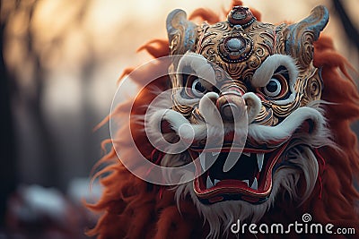 Colorful Chinese New Year Dance. Vibrant Dragon and Lion Statues in Energetic Costumes Stock Photo