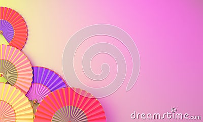 Colorful Chinese paper fan umbrella on purple pink gradient background. Cartoon Illustration