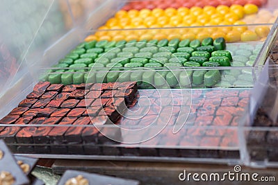 Colorful Chocolates inside the Exhibitors in a Pastry Shop Stock Photo