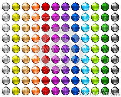 Colorful christmas baubles. Color spectrum of christmas balls isolated on white background. Photorealistic high quality vector. Vector Illustration