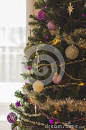 Colorful Christmas decorations with extreme shallow depth of field and colorful creamy bokeh. Stock Photo
