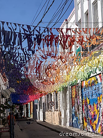 The Colorful Christmas decorations in Santa Marta Street. Colombia Stock Photo